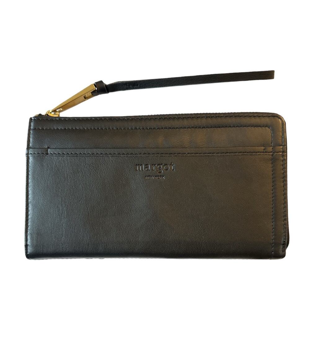 Margot New York Black Leather Zip Around Wristlet Organizer Wallet Zip Coin CC